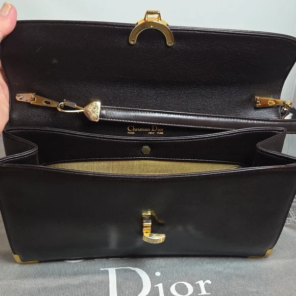 DIOR Rare 1970s Collectable Brown leather 2-way shoulder/clutch bag excellent - Picture 14 of 17